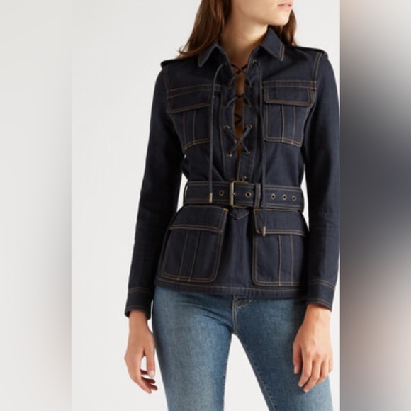 Saint Laurent SAHARIAN BELTED LACE-UP DENIM JACKET IN BLUE NWT - Picture 5 of 5